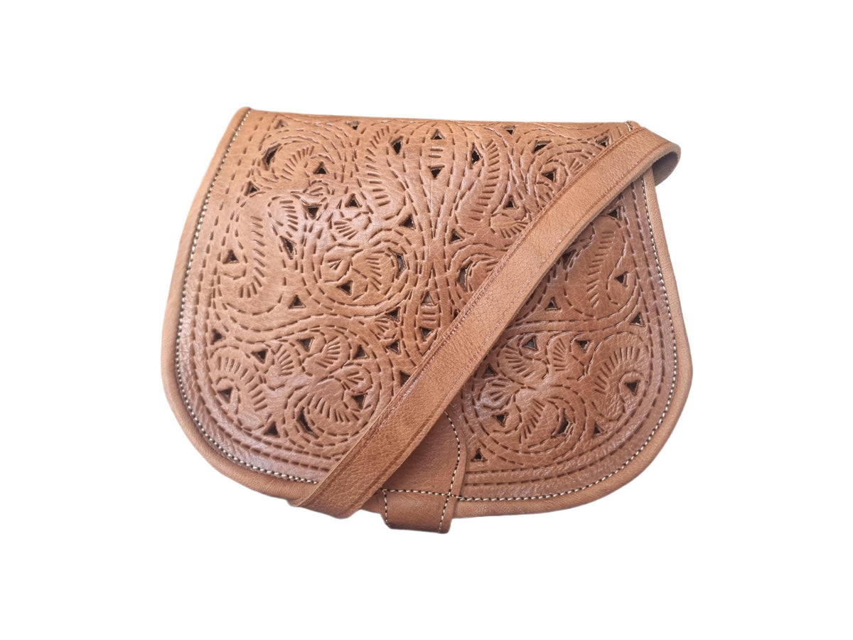 Handmade Tooled Leather Crossbody Bag: Moroccan Floral Satchel