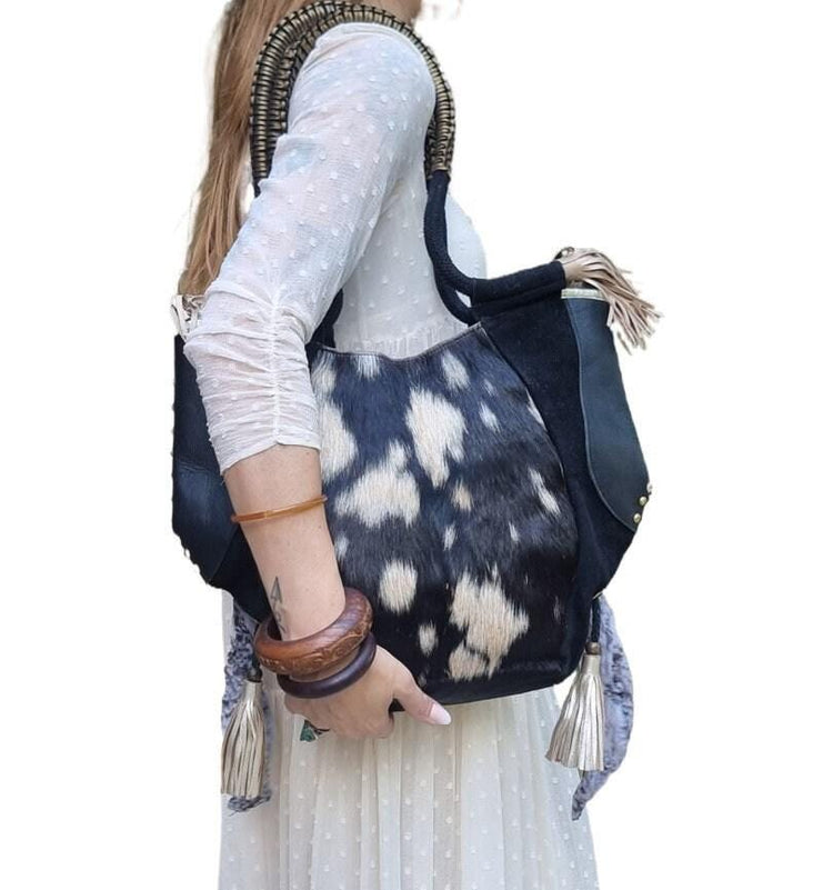 Cowhide Leather Tote Bag, Western Leather Shoulder Bag, Cowgirl Purse, Hair On Hide Handbag, Large Leather Shopper, Boho Festival Tote