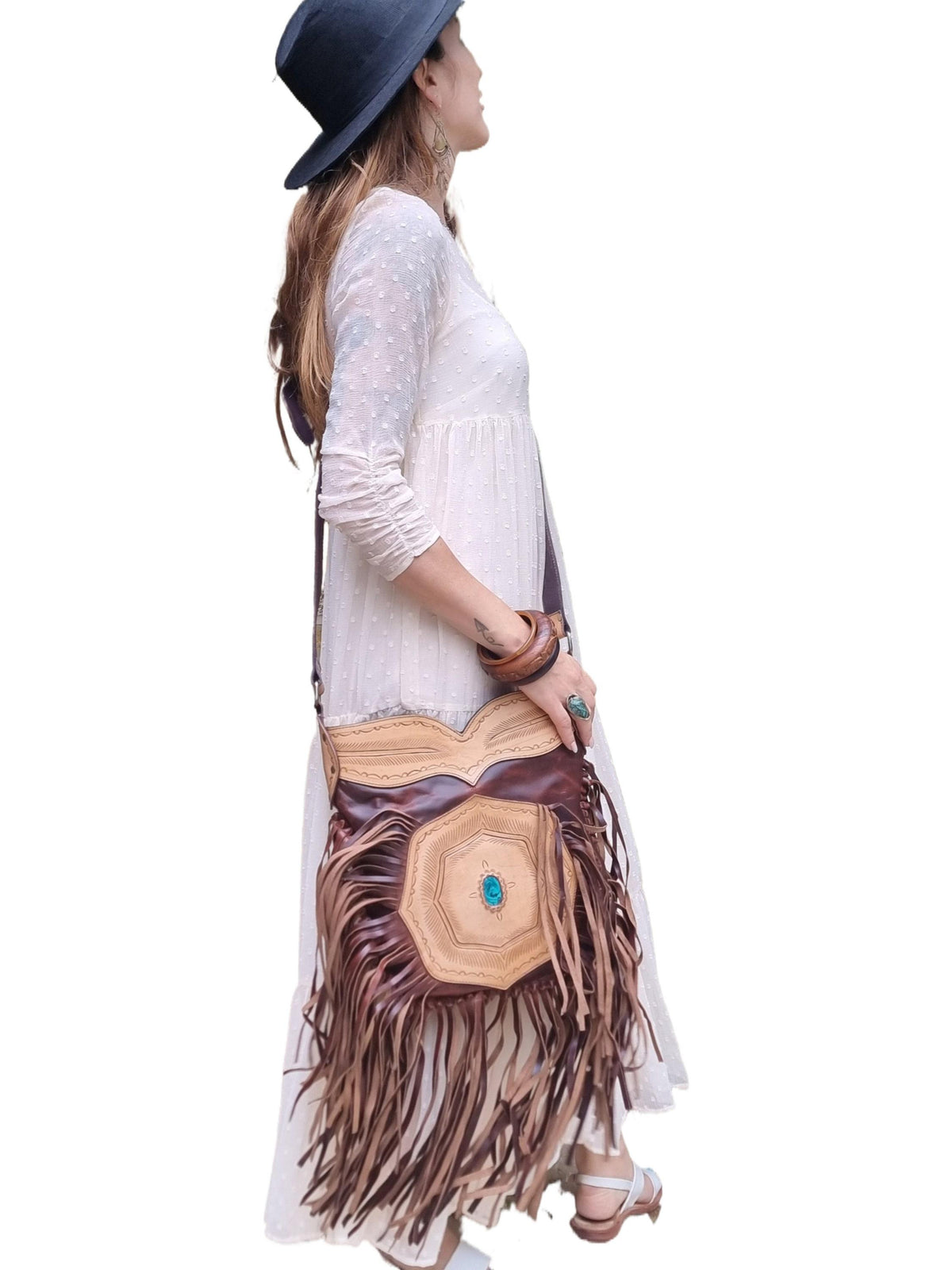 Fringe Leather Crossbody Bag, Western Cowgirl Purse, Tooled Leather Handbag, Southwestern Boho Bag, Turquoise Stone Bag, Festival Purse