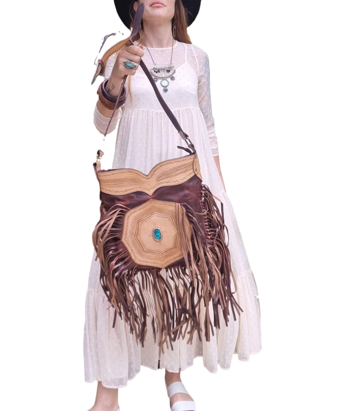 Fringe Leather Crossbody Bag, Western Cowgirl Purse, Tooled Leather Handbag, Southwestern Boho Bag, Turquoise Stone Bag, Festival Purse