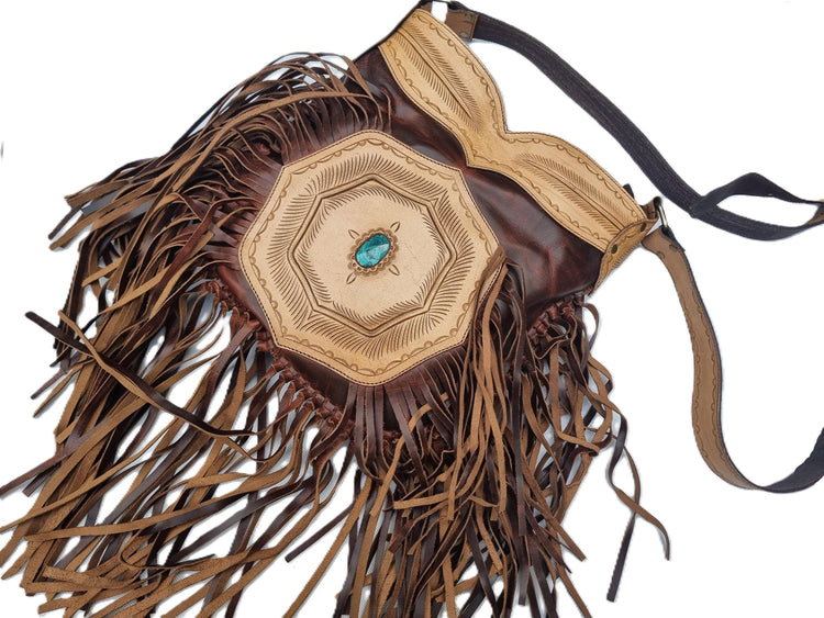 Fringe Leather Crossbody Bag, Western Cowgirl Purse, Tooled Leather Handbag, Southwestern Boho Bag, Turquoise Stone Bag, Festival Purse