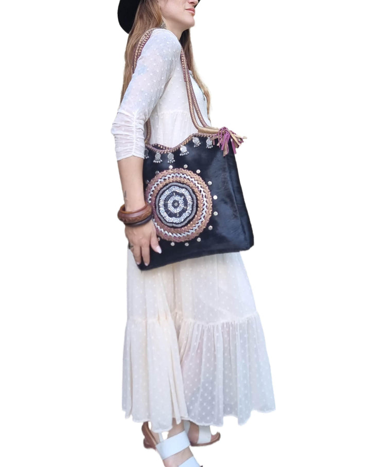 Cowhide Leather Tote Bag, Boho Leather Shoulder Bag, Handmade Western Handbag, Festival Tote, Gypsy Coin Leather Purse, Large Cowgirl Bag