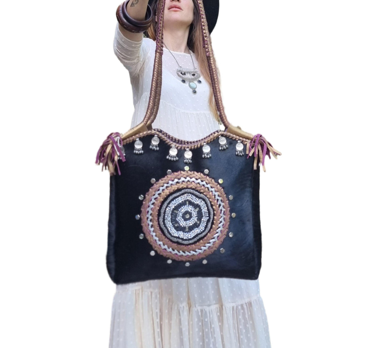Cowhide Leather Tote Bag, Boho Leather Shoulder Bag, Handmade Western Handbag, Festival Tote, Gypsy Coin Leather Purse, Large Cowgirl Bag