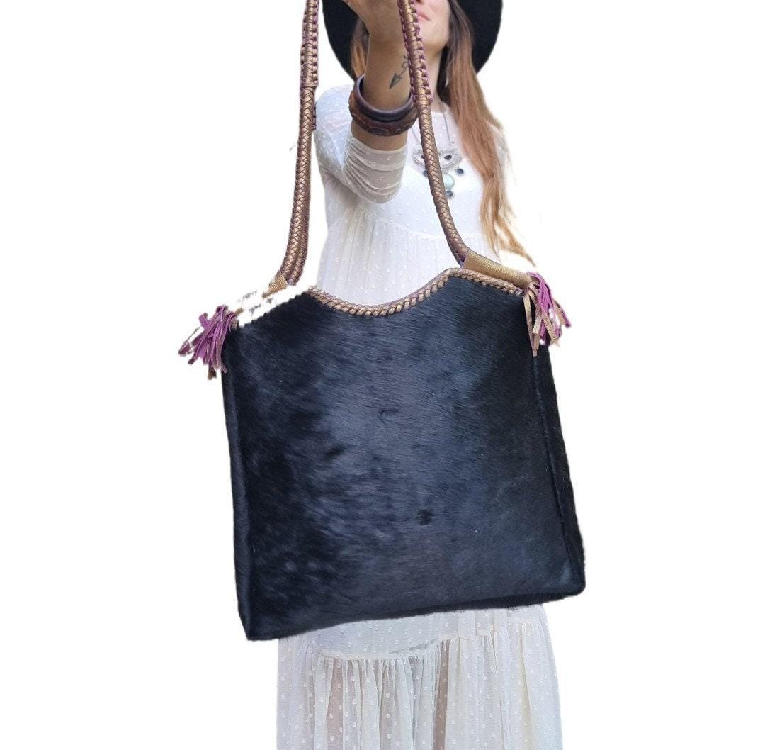 Cowhide Leather Tote Bag, Boho Leather Shoulder Bag, Handmade Western Handbag, Festival Tote, Gypsy Coin Leather Purse, Large Cowgirl Bag