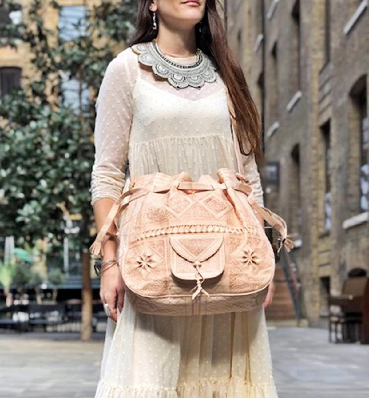 Handmade Tooled Leather Bucket Bag: Moroccan Boho Tote