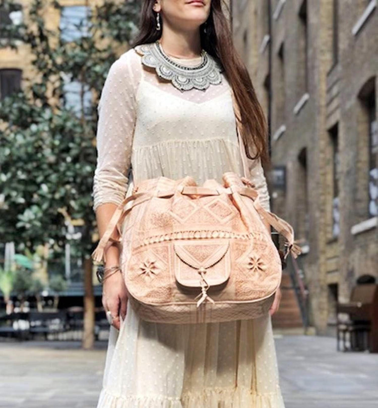 Handmade Tooled Leather Bucket Bag: Moroccan Boho Tote