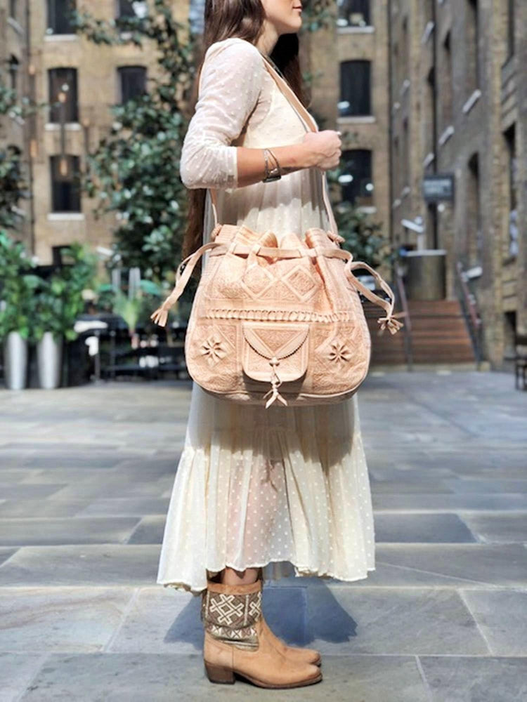 Handmade Tooled Leather Bucket Bag: Moroccan Boho Tote