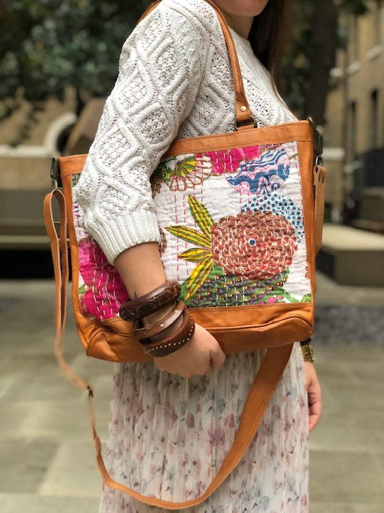Handmade Leather Floral Hobo Bag: Vintage Boho Tapestry Tote