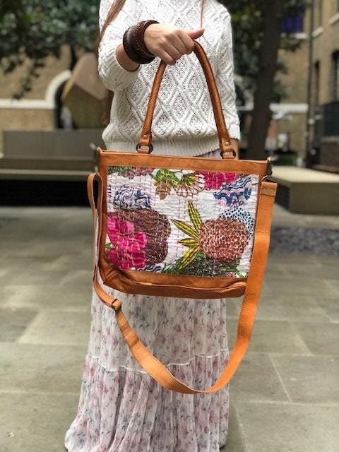 Handmade Leather Floral Hobo Bag: Vintage Boho Tapestry Tote