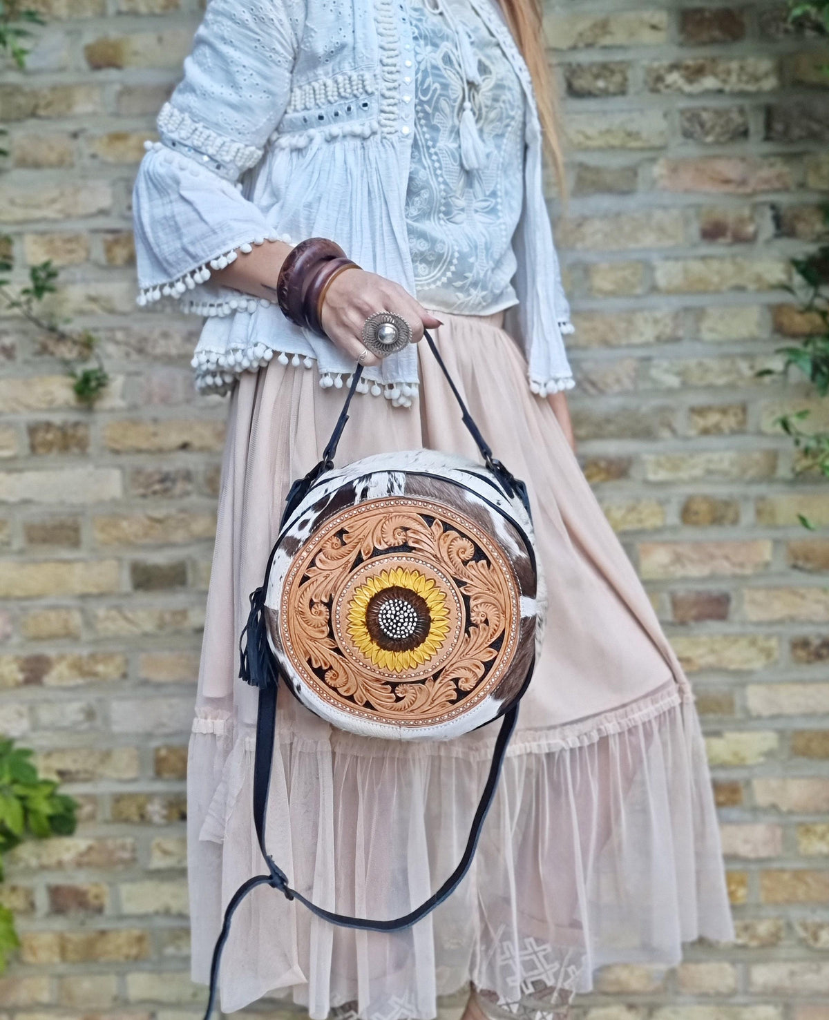 Hand Tooled Cowhide Sunflower Bag: Convertible Leather Crossbody Tote