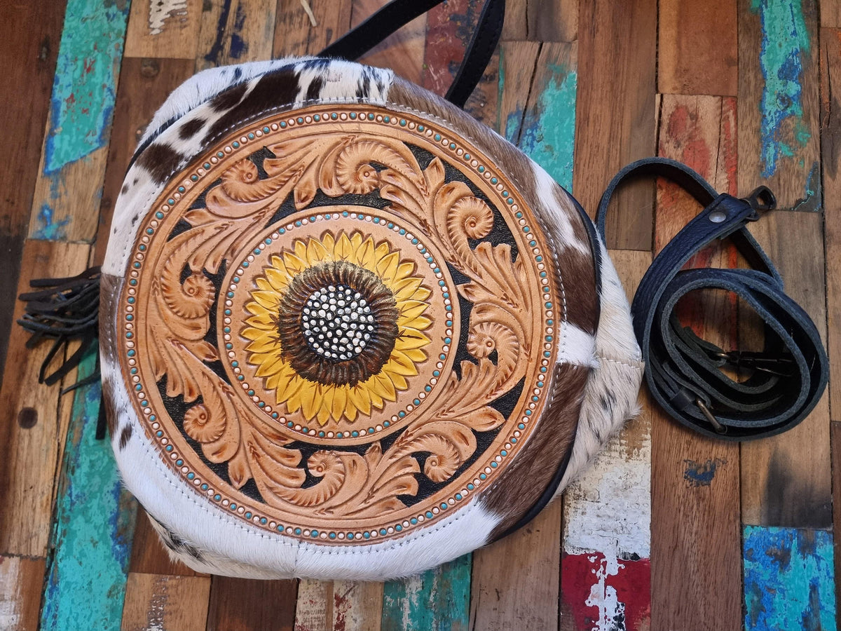 Hand Tooled Cowhide Sunflower Bag: Convertible Leather Crossbody Tote
