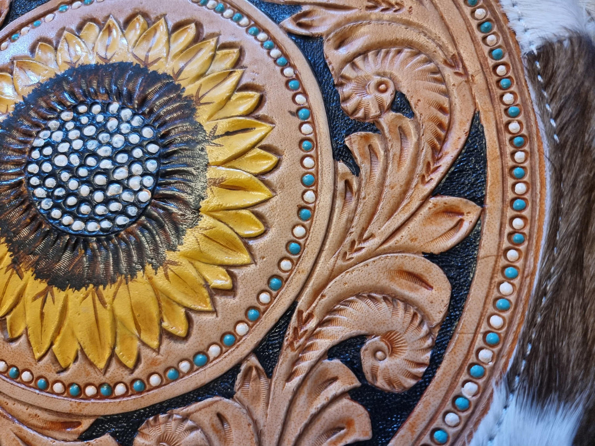 Hand Tooled Cowhide Sunflower Bag: Convertible Leather Crossbody Tote