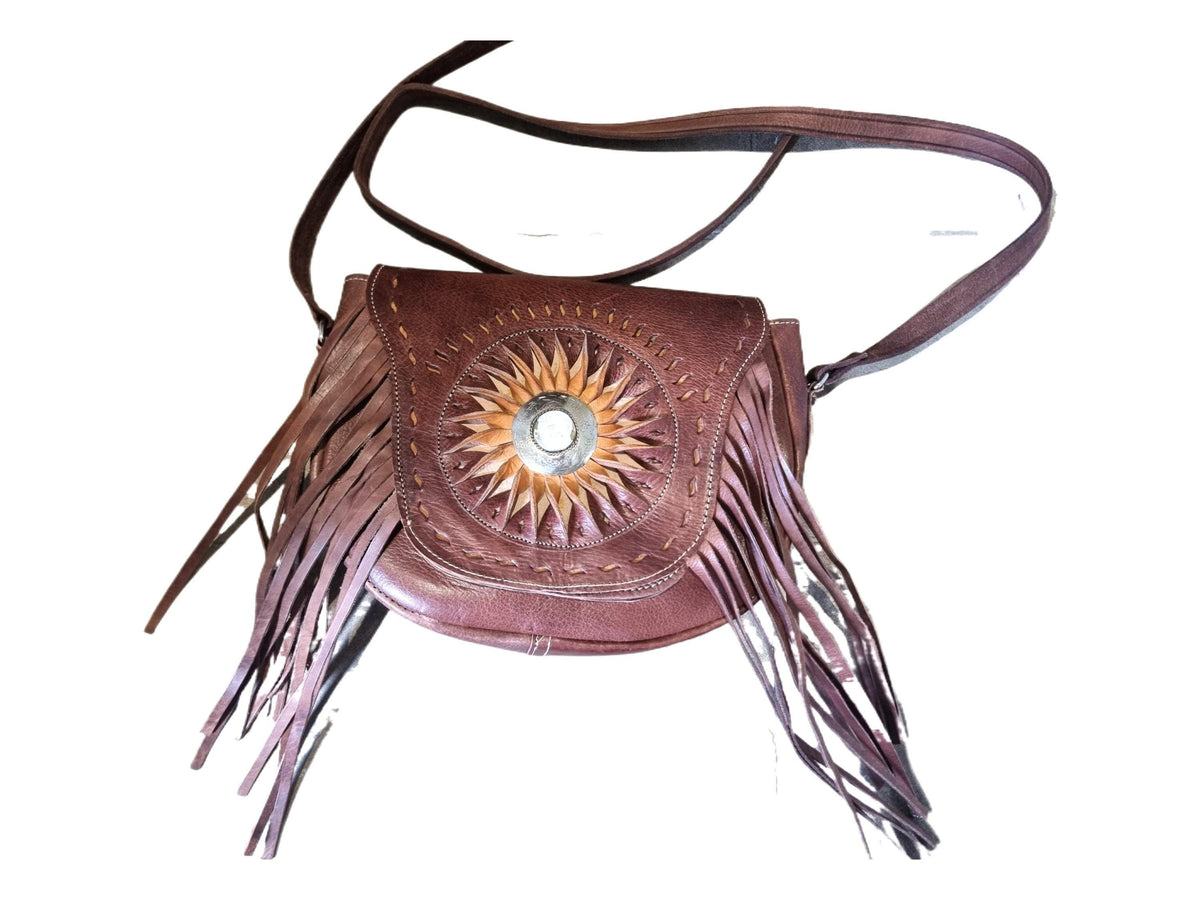 Vintage Tooled Leather Fringe Bag: Western Sunflower Satchel