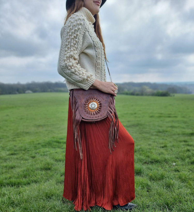 Vintage Tooled Leather Fringe Bag: Western Sunflower Satchel