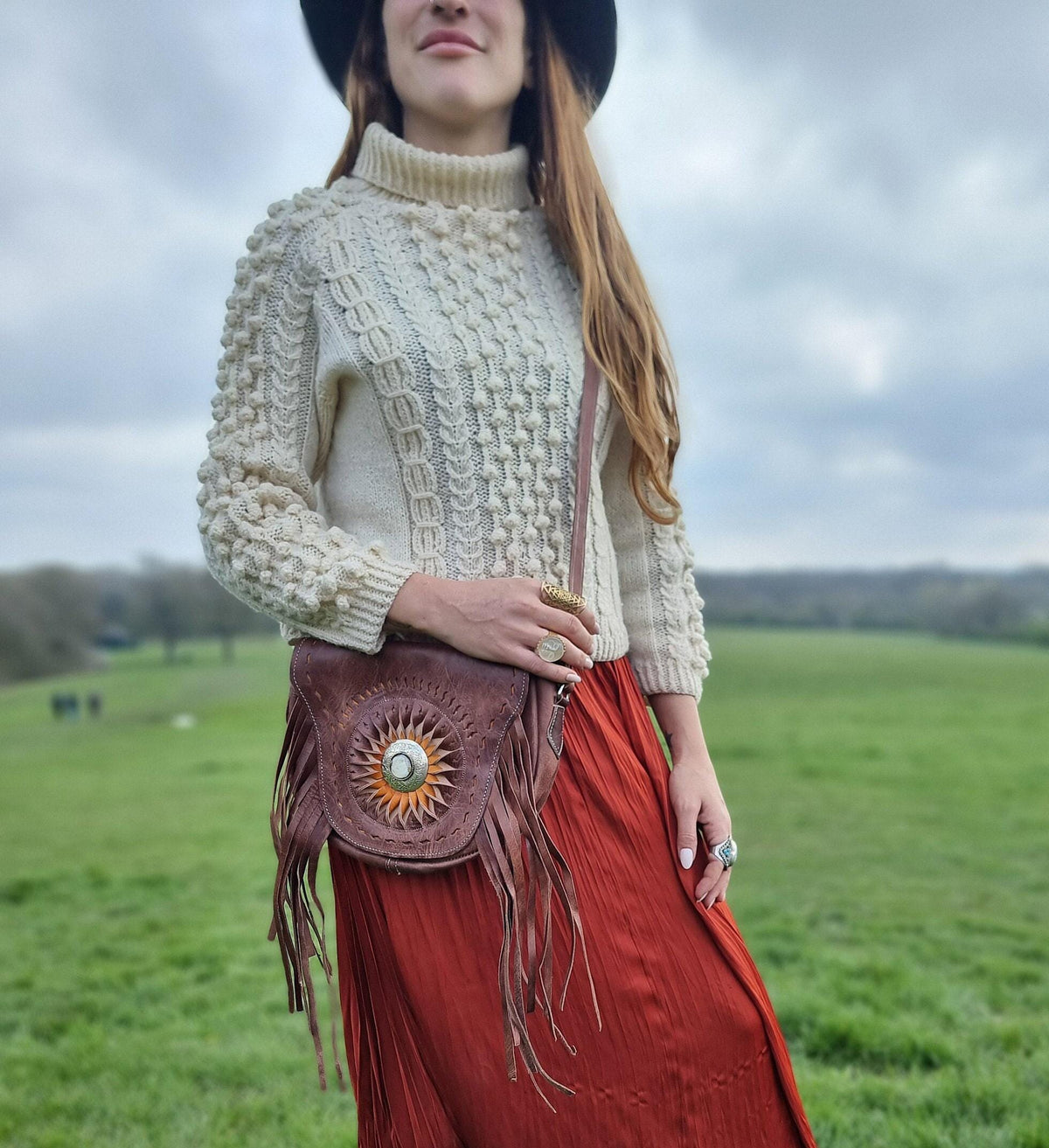 Vintage Tooled Leather Fringe Bag: Western Sunflower Satchel