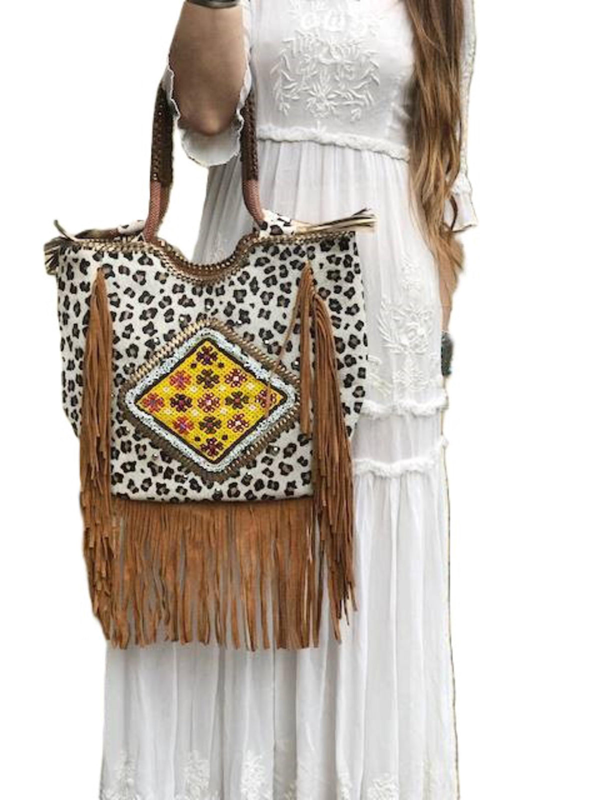 Oversized Leopard Cowhide & Leather Fringe Tote: Beaded Boho Bag