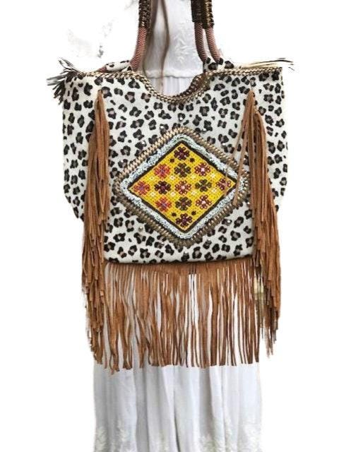 Oversized Leopard Cowhide & Leather Fringe Tote: Beaded Boho Bag