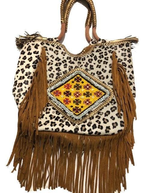 Oversized Leopard Cowhide & Leather Fringe Tote: Beaded Boho Bag