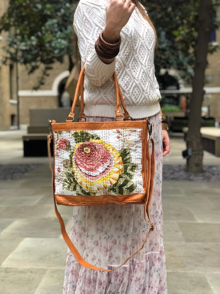 Floral Tapestry Leather Tote Bag, Boho Leather Shopper Bag, Vintage Style Crossbody Purse, Handmade Reversible Handbag, Gift for Her