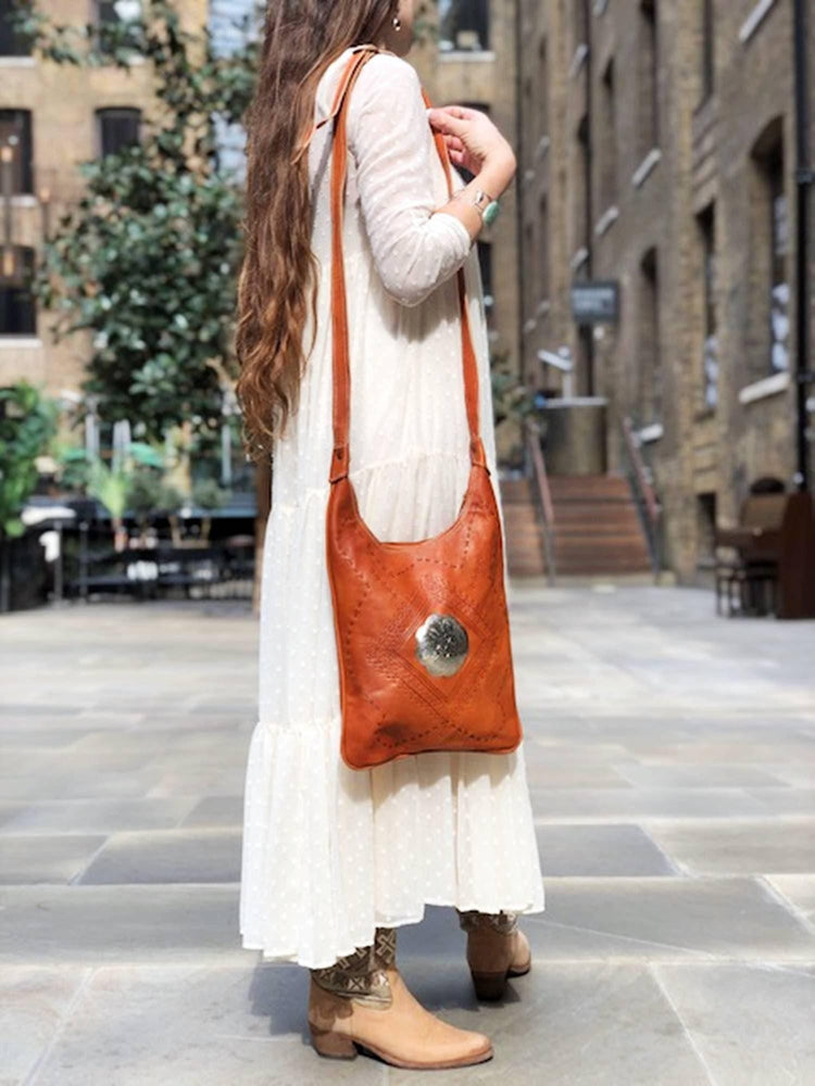 Hand Tooled Leather Tote Bag: Berber Tribal Design, Crossbody Purse