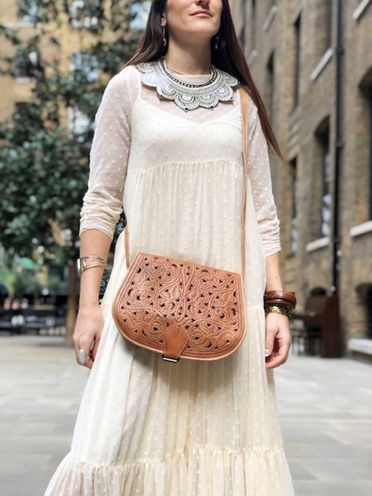 Cut Out Leather Crossbody Bag – Moroccan Floral Tooled Boho Saddle Purse