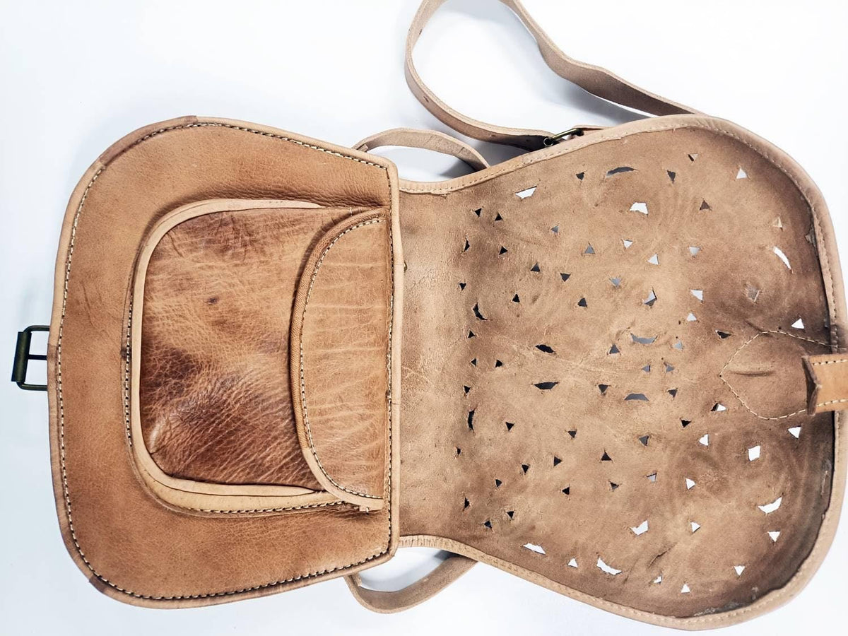 Cut Out Leather Crossbody Bag – Moroccan Floral Tooled Boho Saddle Purse