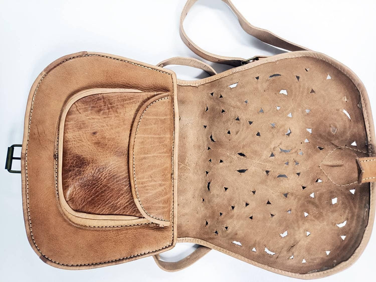Cut Out Leather Crossbody Bag – Moroccan Floral Tooled Boho Saddle Purse