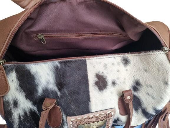Western Cowhide Leather Weekender Bag / Fringe Duffle Travel Holdall Turquoise Boho Overnight Luggage