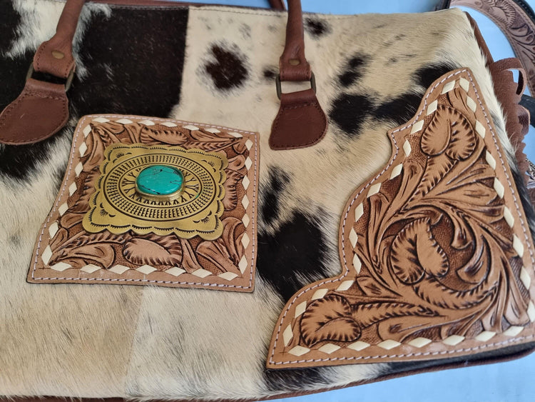 Western Cowhide Leather Weekender Bag / Fringe Duffle Travel Holdall Turquoise Boho Overnight Luggage