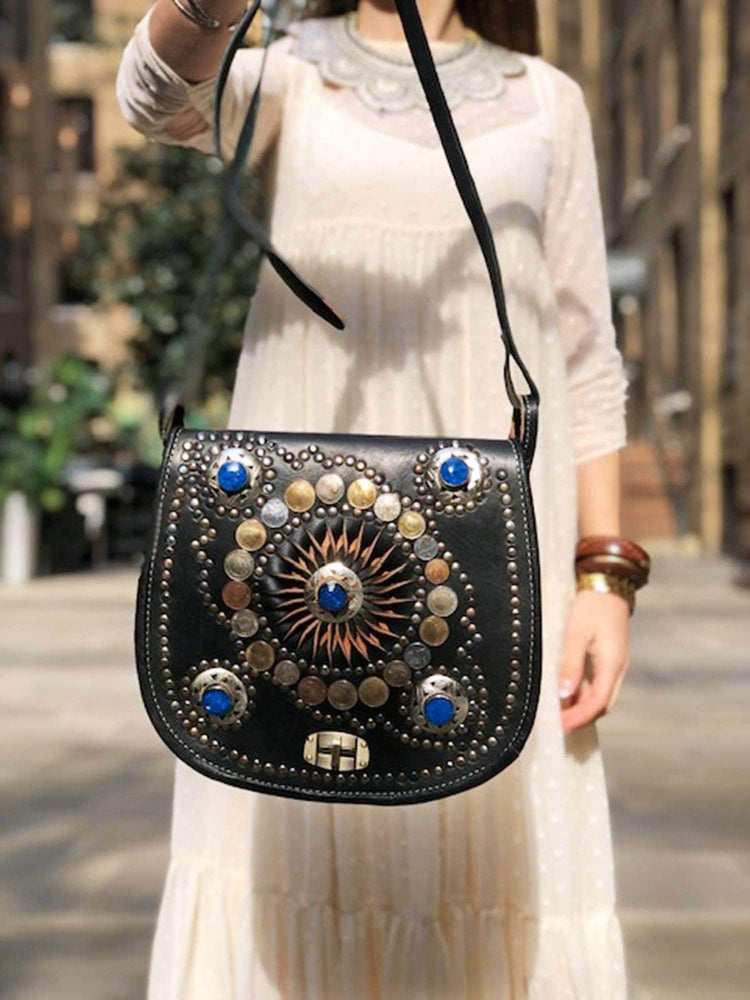Boho Moroccan Leather Bag, Studded Coins Saddle Bag, Vintage Women Crossbody Purse