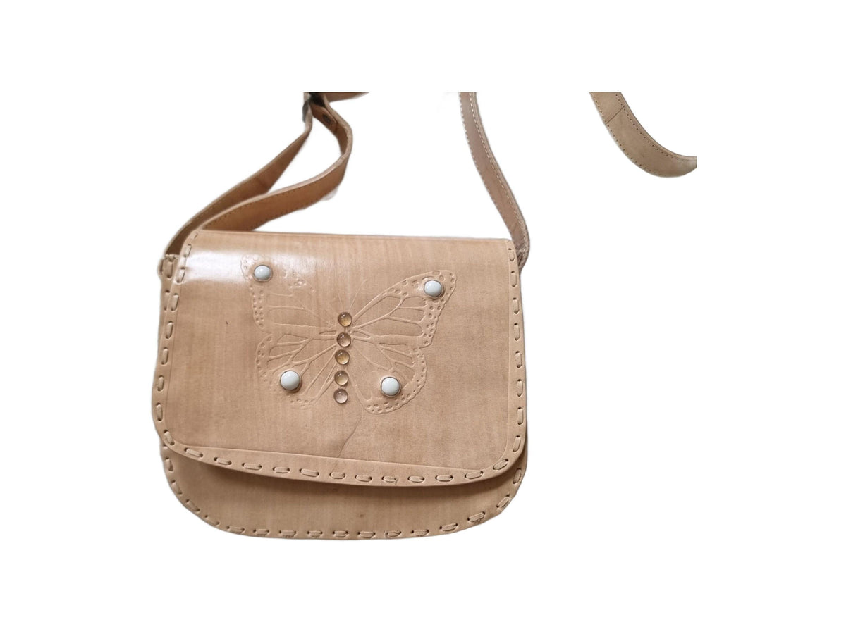 Handmade Leather Butterfly Crossbody Bag: Western Satchel with White Stones