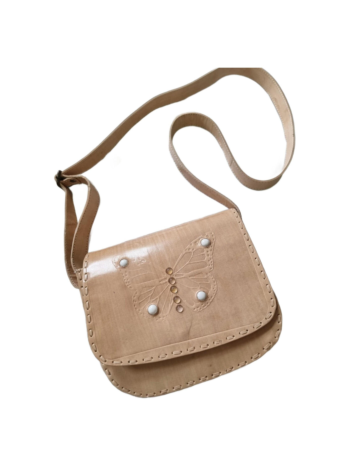 Handmade Leather Butterfly Crossbody Bag: Western Satchel with White Stones