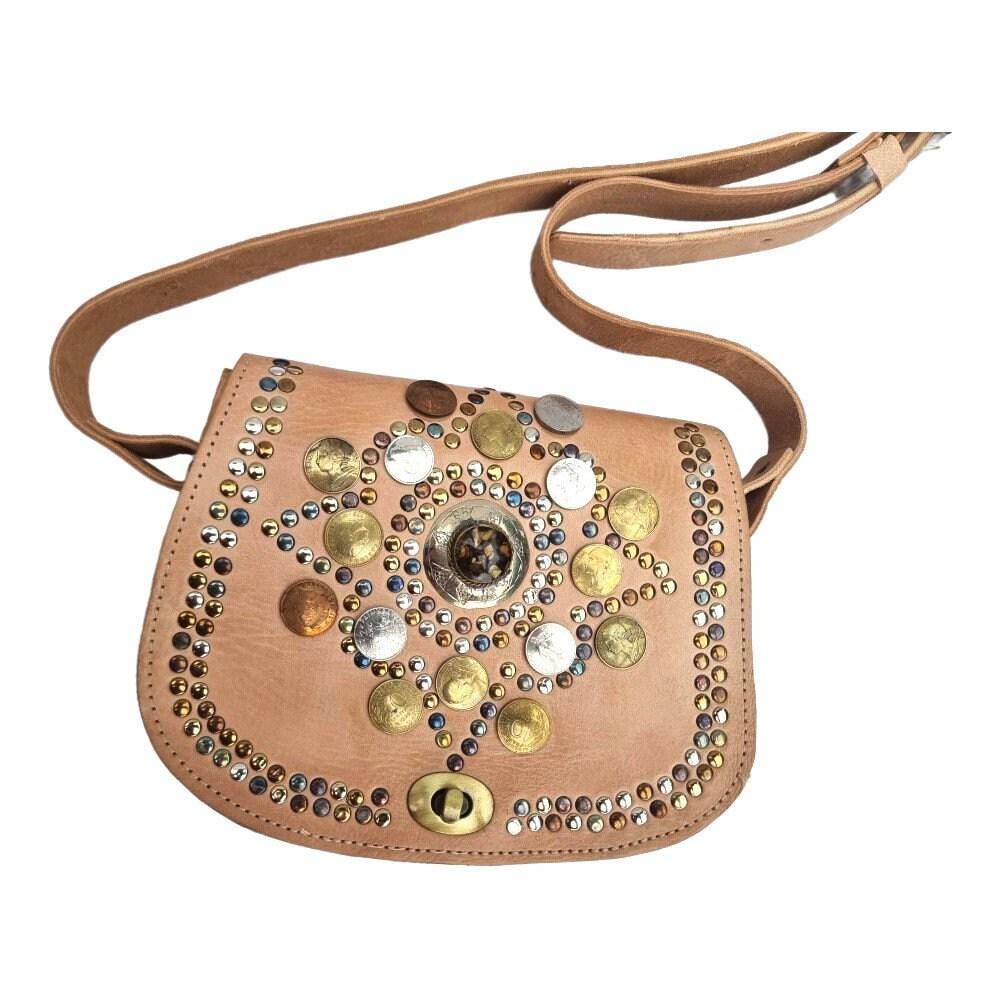 Small Leather Saddle Bag, Boho Crossbody Bag, Moroccan Berber Hippie Purse with Coins