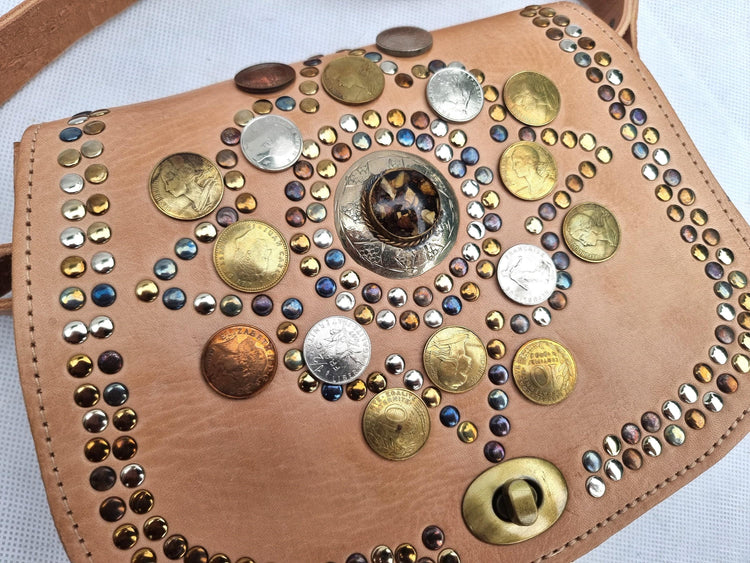 Small Leather Saddle Bag, Boho Crossbody Bag, Moroccan Berber Hippie Purse with Coins