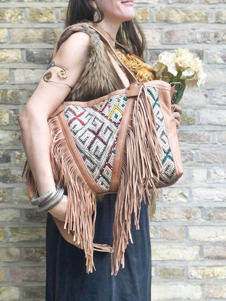 Kilim Leather Tassel Bag: Boho Fringe Purse, Moroccan Design