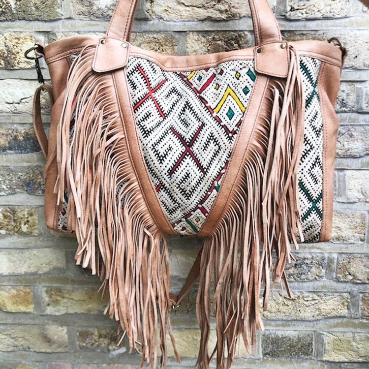 Kilim Leather Tassel Bag: Boho Fringe Purse, Moroccan Design