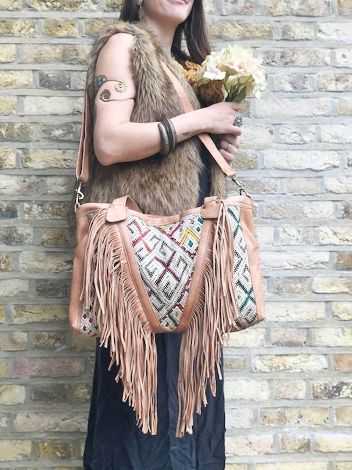 Kilim Leather Tassel Bag: Boho Fringe Purse, Moroccan Design