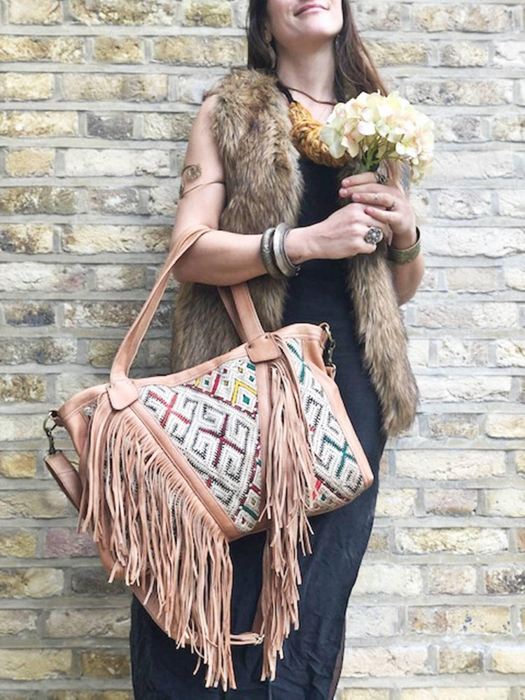 Kilim Leather Tassel Bag: Boho Fringe Purse, Moroccan Design