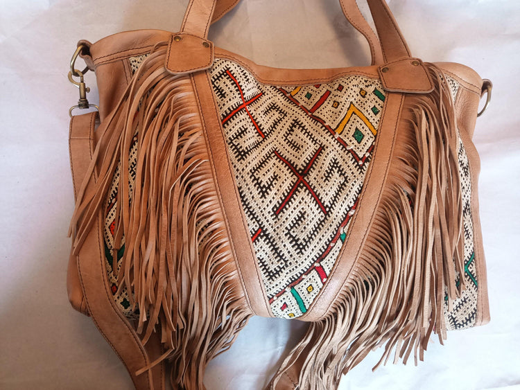 Kilim Leather Tassel Bag: Boho Fringe Purse, Moroccan Design
