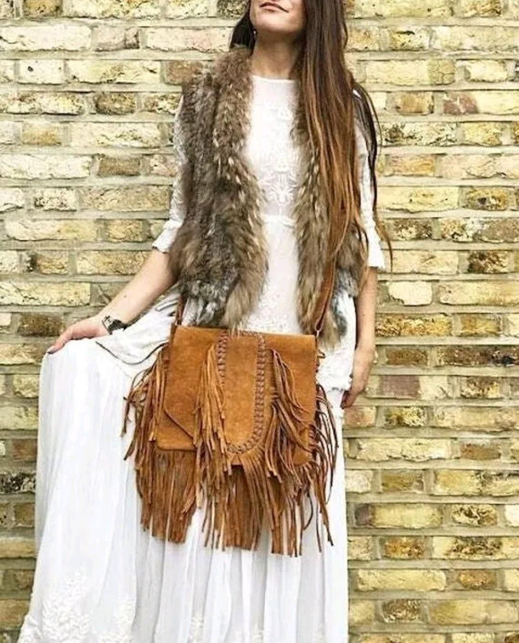 Vintage Suede Fringe Crossbody Bag: Western Boho Style