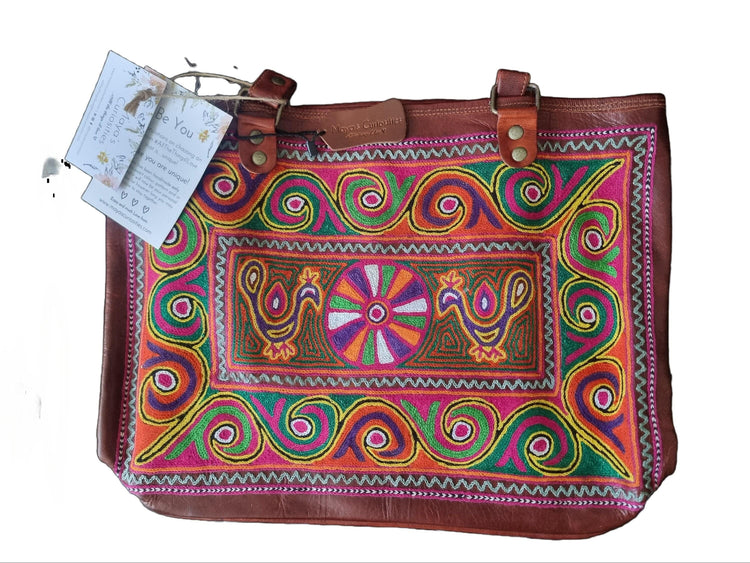 Hand Embroidered Leather Shoulder Bag: Multicoloured Boho Tote