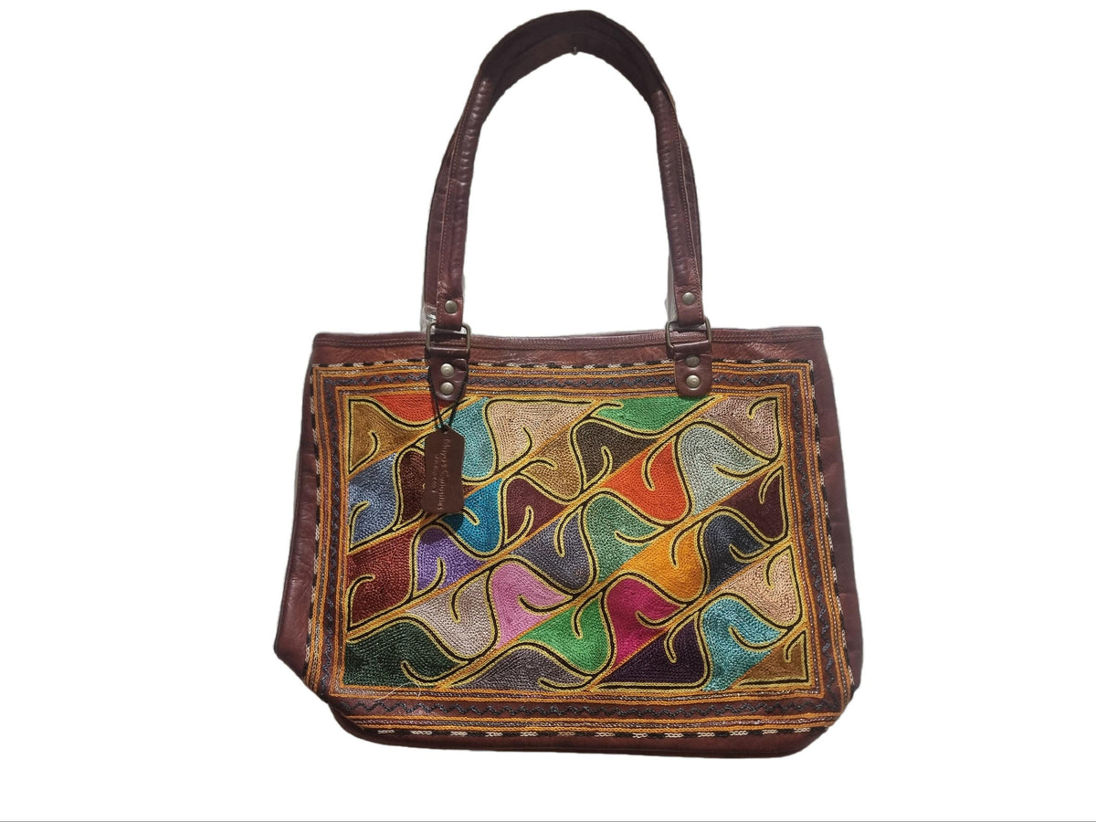 Hand Embroidered Leather Shoulder Bag: Multicoloured Boho Tote