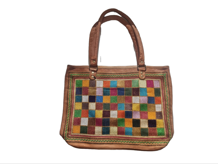 Hand Embroidered Leather Shoulder Bag: Multicoloured Boho Tote