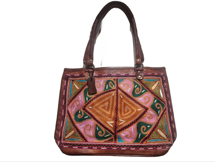 Hand Embroidered Leather Shoulder Bag: Multicoloured Boho Tote