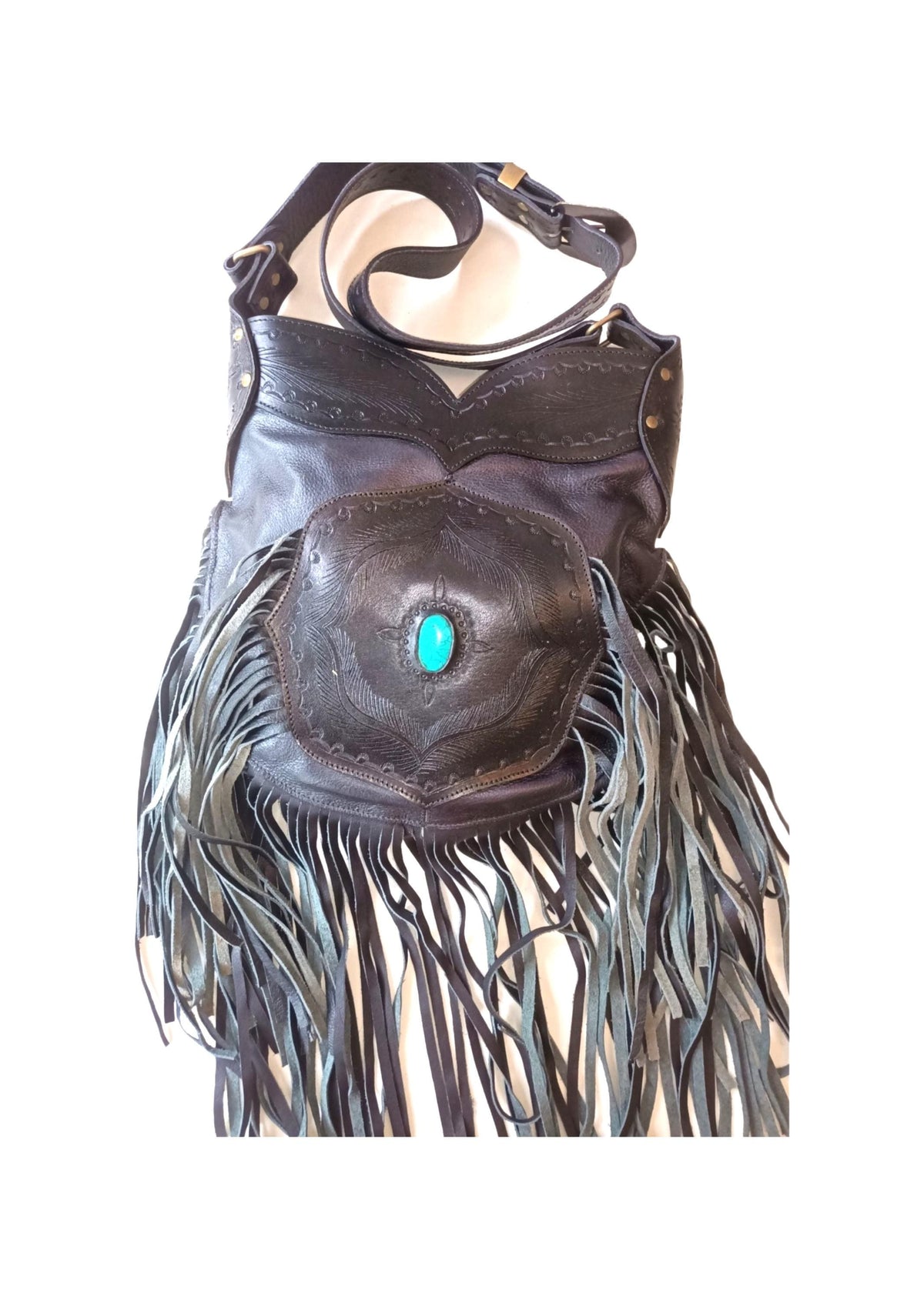 Large Tooled Leather Fringe Bag: Western Turquoise Stone Hobo Purse