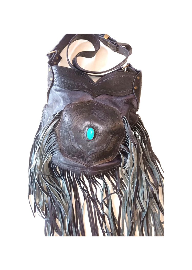 Large Tooled Leather Fringe Bag: Western Turquoise Stone Hobo Purse