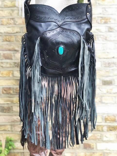 Large Tooled Leather Fringe Bag: Western Turquoise Stone Hobo Purse