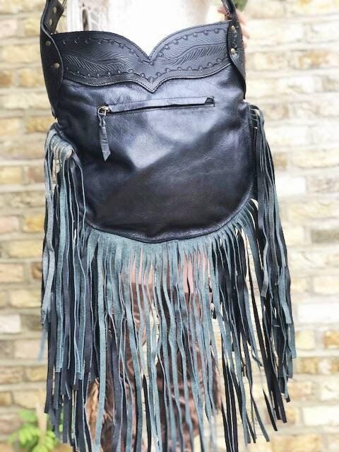 Large Tooled Leather Fringe Bag: Western Turquoise Stone Hobo Purse
