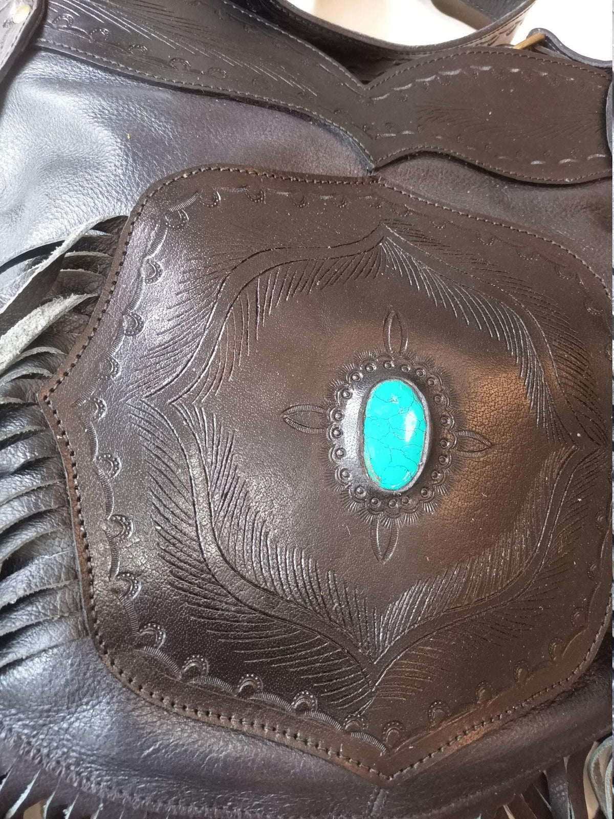 Large Tooled Leather Fringe Bag: Western Turquoise Stone Hobo Purse