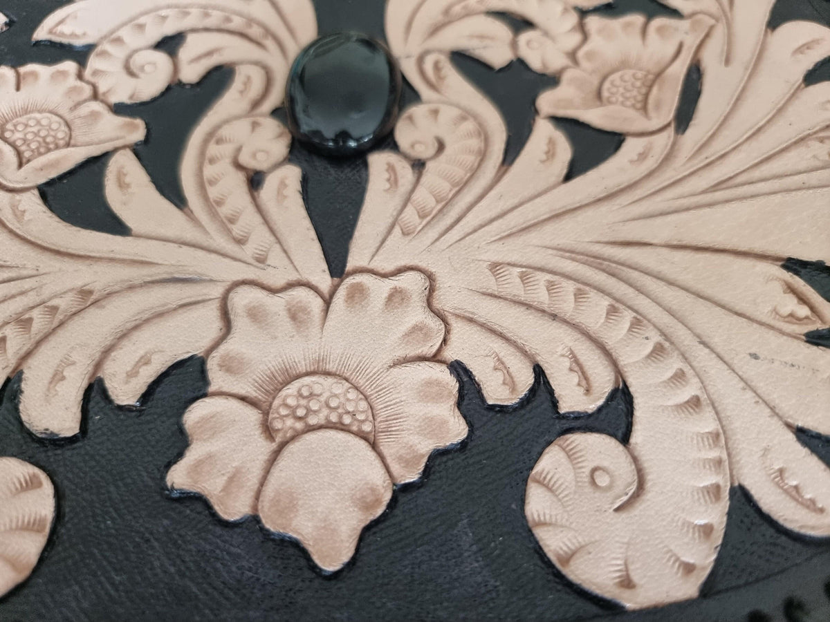 Handcrafted floral tooled leather bag with fringe - boho chic style